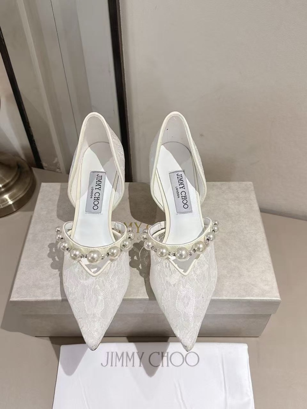 Jimmy Choo White Pearl-Embellished Lace Pointed-Toe Pumps